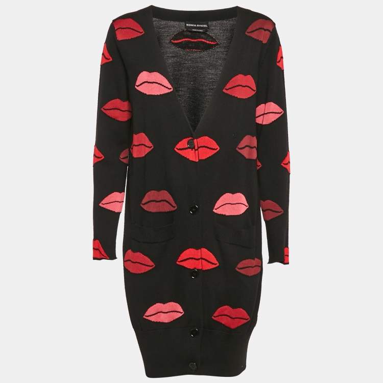 Pre Owned Sonia Rykiel Black Lip Pattern Jacquard Knit Button Front Cardigan S