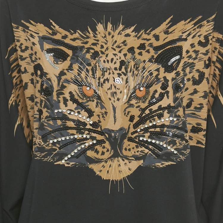 Pre Owned Sonia Rykiel Black Tiger Print Jersey Beaded Top L