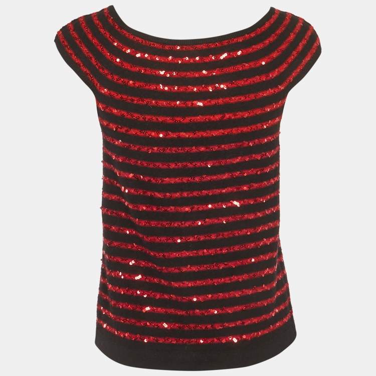 Pre Owned Sonia Rykiel Black/Red Sequin Striped Cashmere Top L