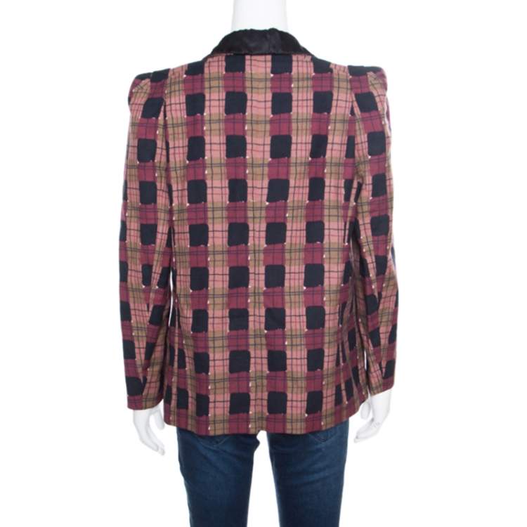 Pre Owned Sonia Rykiel Multicolor Checked Printed Cotton and Linen Contrast Collar Blazer M