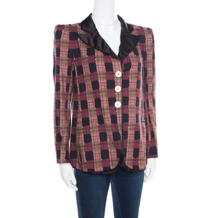 Pre Owned Sonia Rykiel Multicolor Checked Printed Cotton and Linen Contrast Collar Blazer M