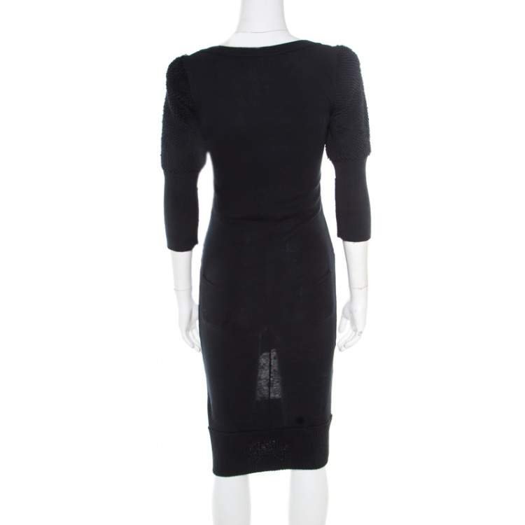 Pre Owned Sonia Rykiel Green and Black Lace Paneled Textured Sleeve Detail Sheath Dress S