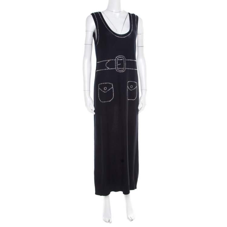 Pre Owned Sonia Rykiel Navy Blue Purl Knit Sleeveless Trompe L'oeil Diamanté Maxi Dress L