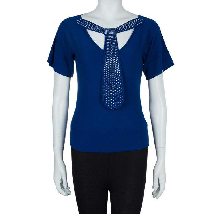 Pre Owned Sonia Rykiel Blue Knit Short Sleeve Embellished Tie Detail Top S