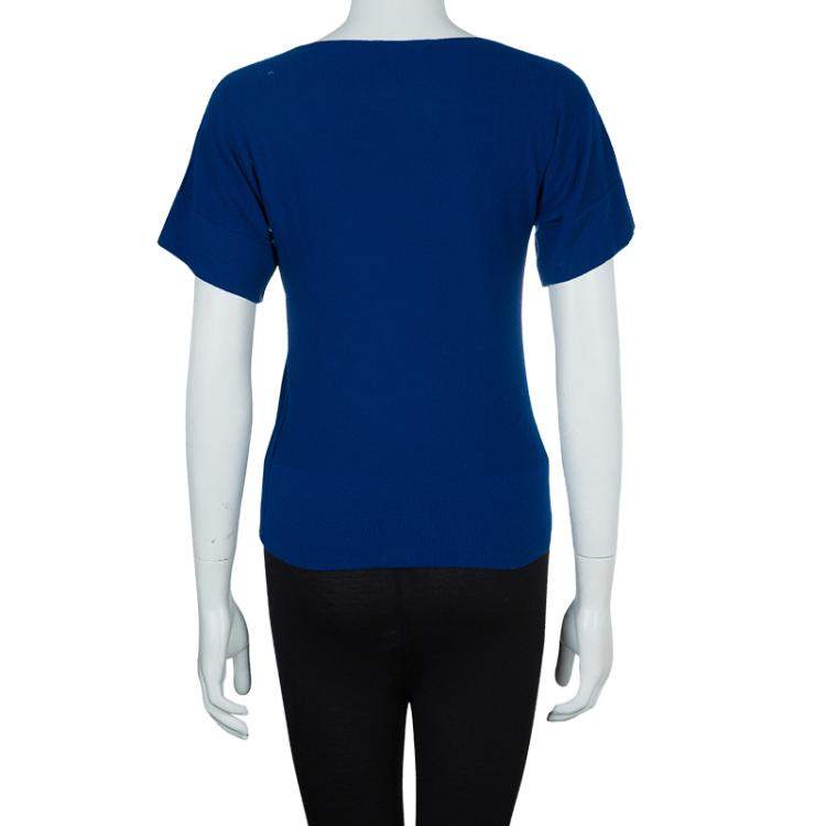 Pre Owned Sonia Rykiel Blue Knit Short Sleeve Embellished Tie Detail Top S
