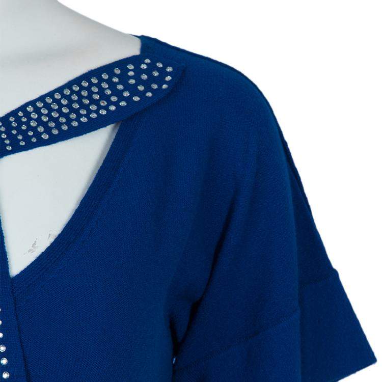 Pre Owned Sonia Rykiel Blue Knit Short Sleeve Embellished Tie Detail Top S