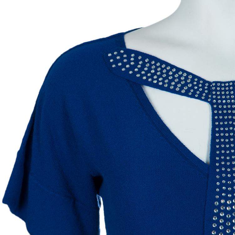 Pre Owned Sonia Rykiel Blue Knit Short Sleeve Embellished Tie Detail Top S