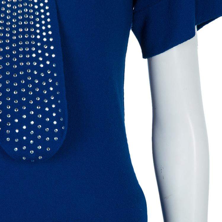 Pre Owned Sonia Rykiel Blue Knit Short Sleeve Embellished Tie Detail Top S