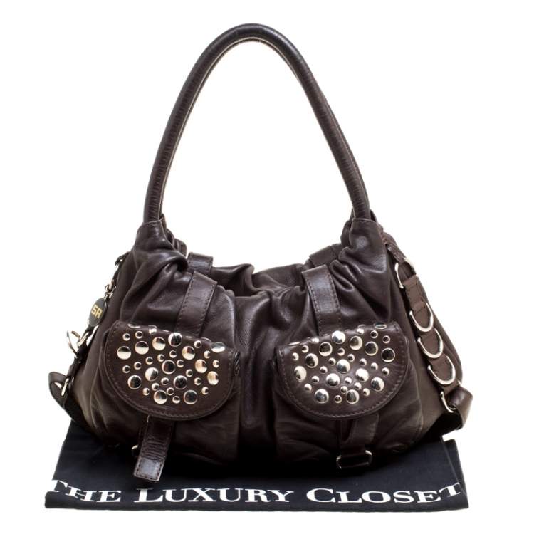 Pre Owned Sonia Rykiel Dark Brown Leather Studded Satchel