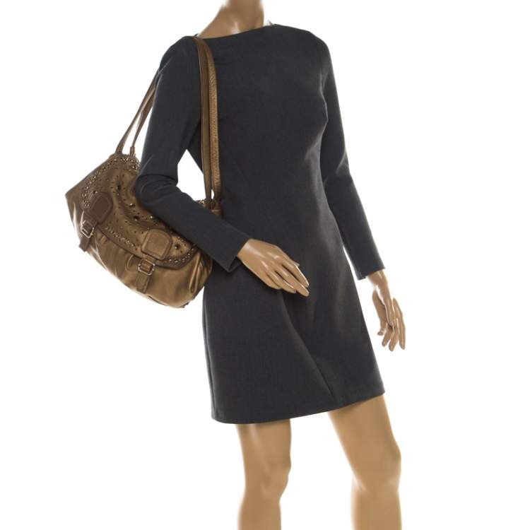 Pre Owned Sonia Rykiel Metallic Gold Leather Studded Shoulder Bag