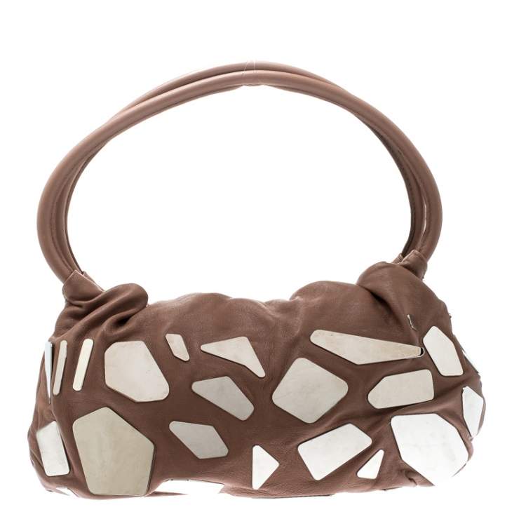 Pre Owned Sonia Rykiel Dark Beige Glass Embellished Leather Hobo