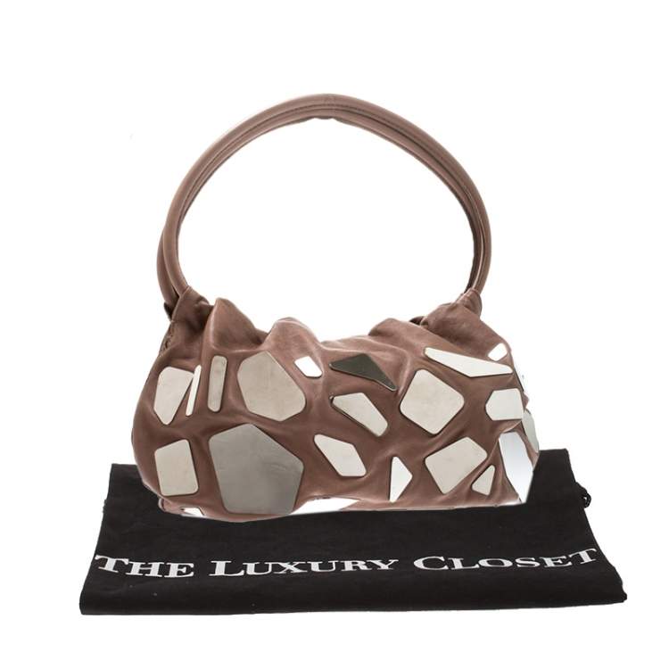 Pre Owned Sonia Rykiel Dark Beige Glass Embellished Leather Hobo