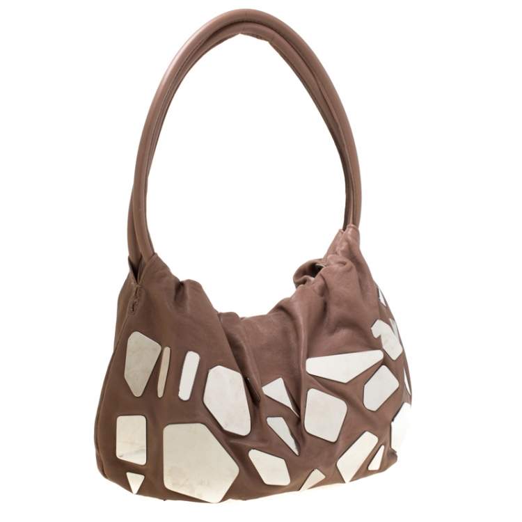 Pre Owned Sonia Rykiel Dark Beige Glass Embellished Leather Hobo