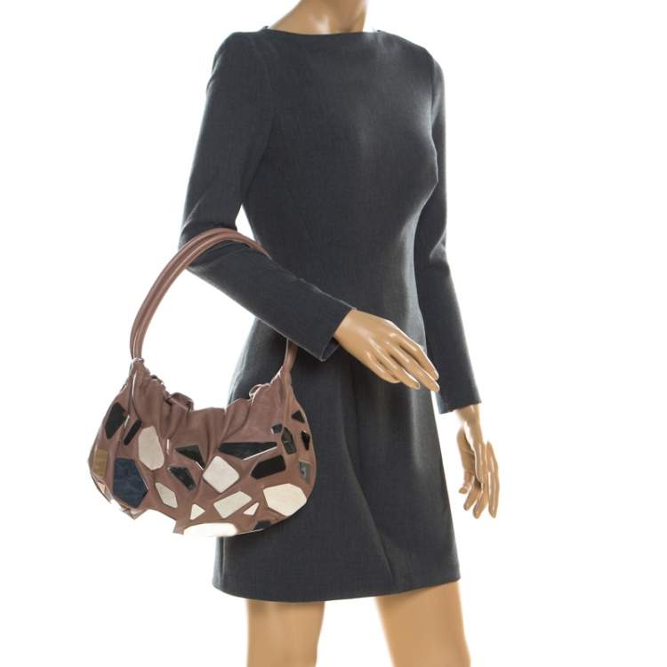 Pre Owned Sonia Rykiel Dark Beige Glass Embellished Leather Hobo