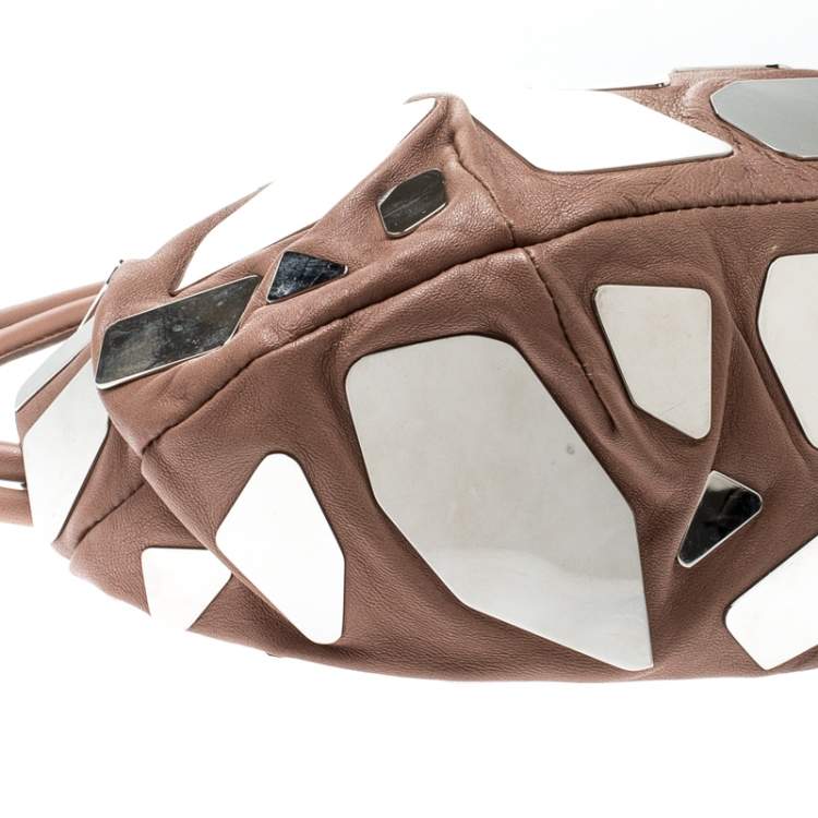 Pre Owned Sonia Rykiel Dark Beige Glass Embellished Leather Hobo