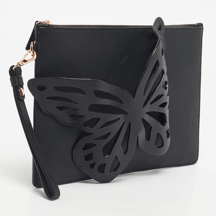 Pre Owned Sophia Webster Black Leather Butterfly Wristlet Clutch
