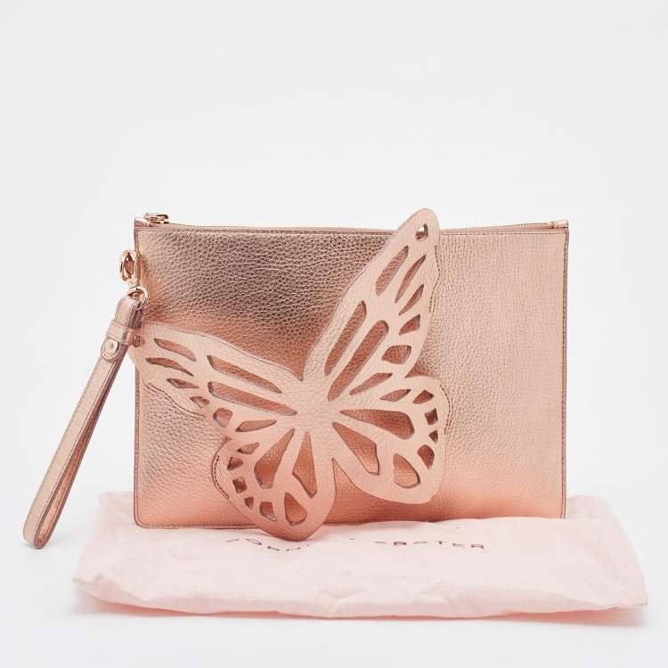 Pre Owned Sophia Webster Metallic Rosegold Leather Butterfly Wristlet Pouch