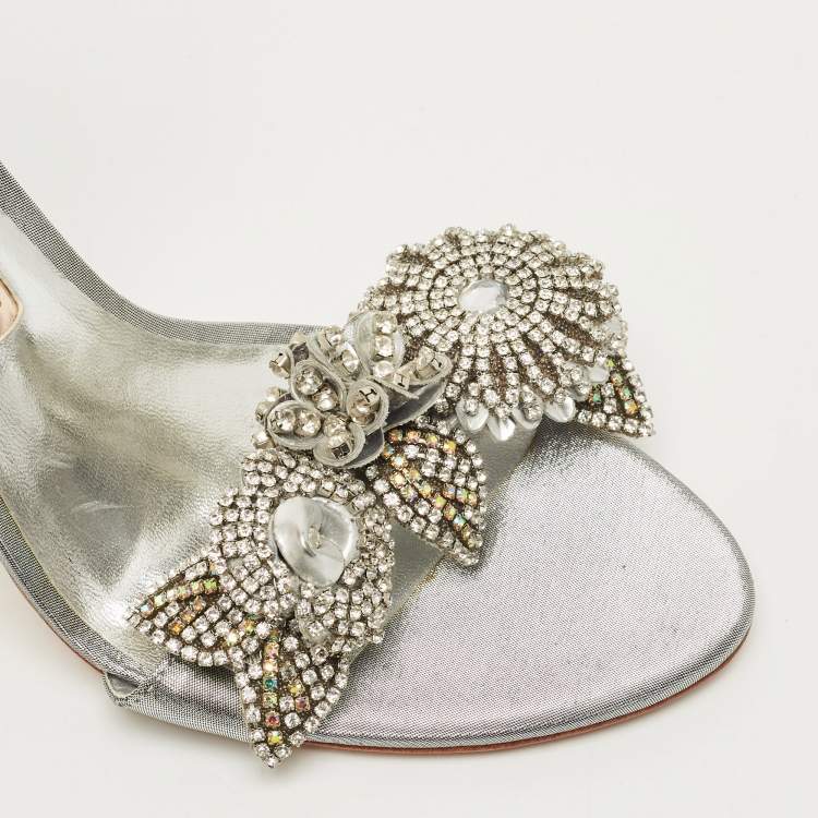 Pre Owned Sophia Webster Silver Leather Lilico Crystal Ankle Strap Sandals Size 40