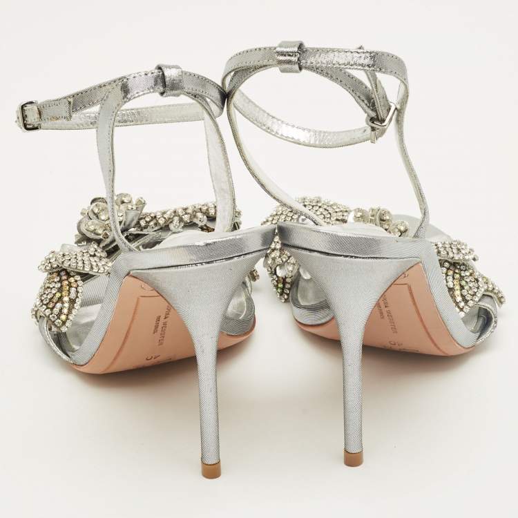 Pre Owned Sophia Webster Silver Leather Lilico Crystal Ankle Strap Sandals Size 40