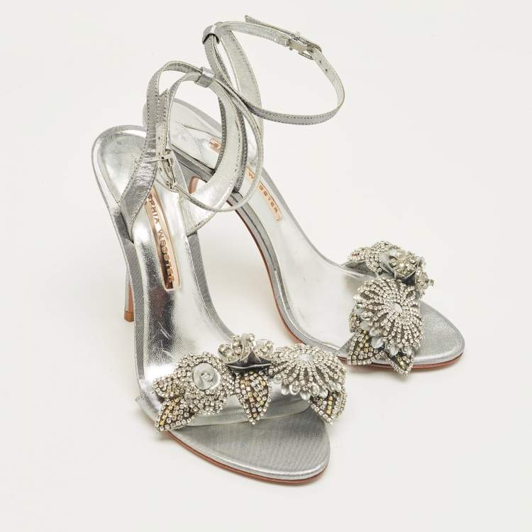 Pre Owned Sophia Webster Silver Leather Lilico Crystal Ankle Strap Sandals Size 40