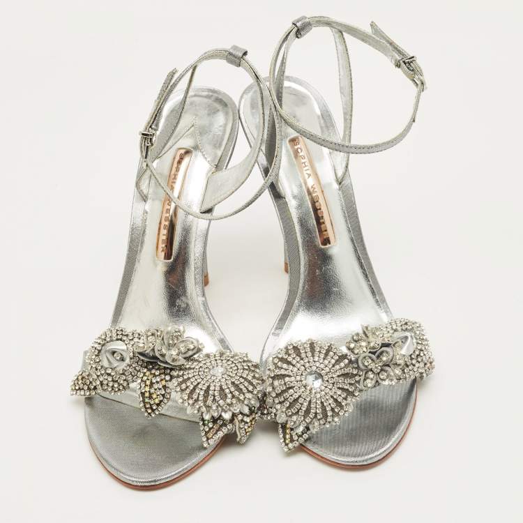 Pre Owned Sophia Webster Silver Leather Lilico Crystal Ankle Strap Sandals Size 40