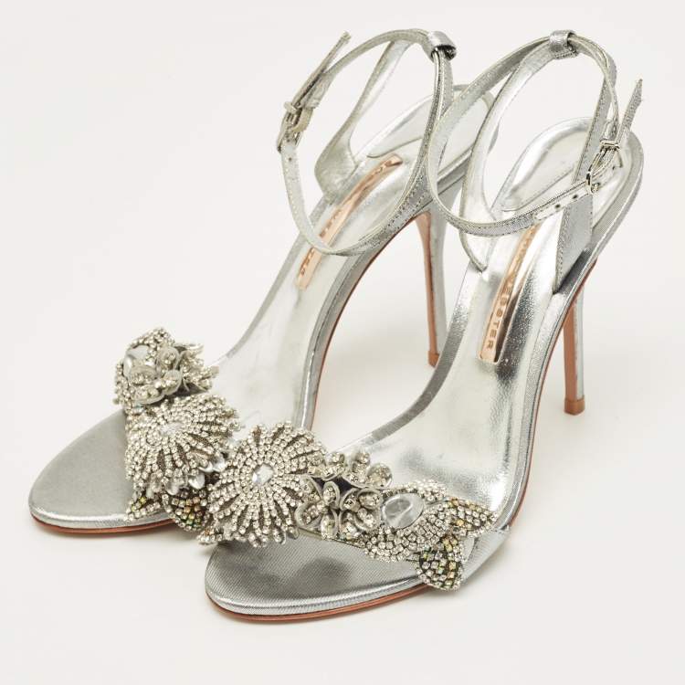 Pre Owned Sophia Webster Silver Leather Lilico Crystal Ankle Strap Sandals Size 40