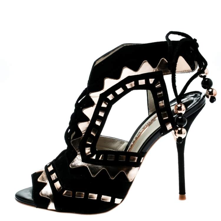 مملوكة مسبقًا Sophia Webster Black Suede and Metallic Bronze Leather Riko Cut Out Sandals Size 37