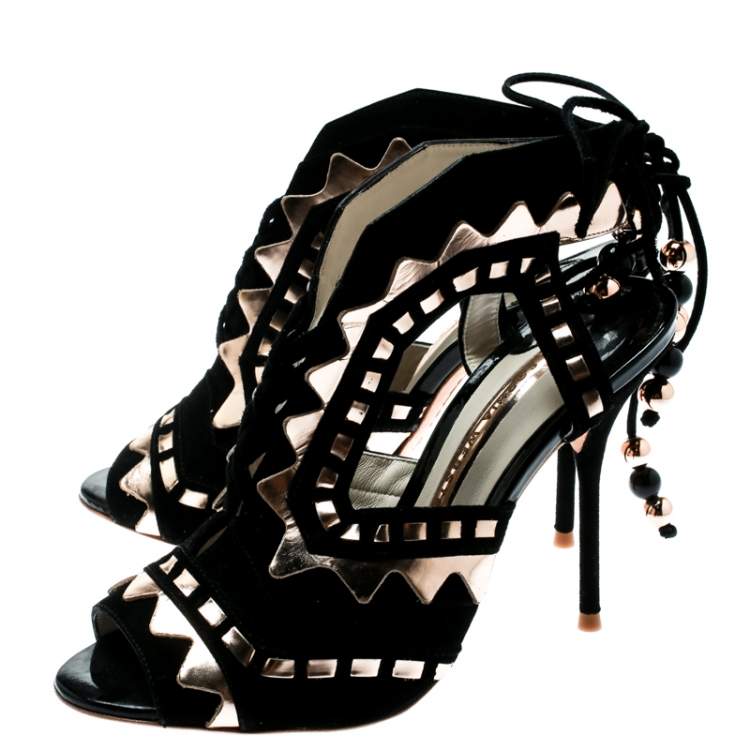 مملوكة مسبقًا Sophia Webster Black Suede and Metallic Bronze Leather Riko Cut Out Sandals Size 37