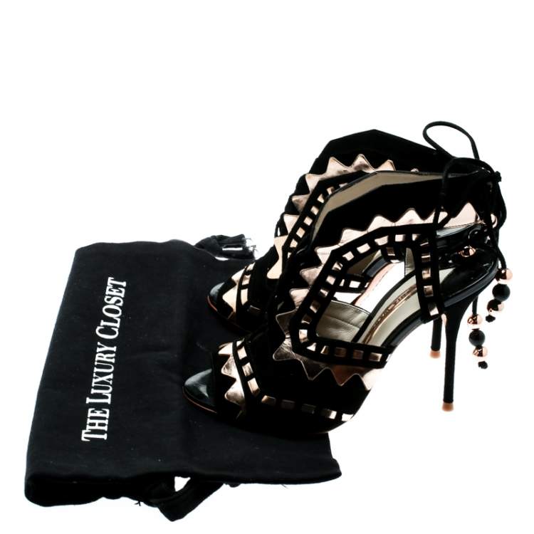مملوكة مسبقًا Sophia Webster Black Suede and Metallic Bronze Leather Riko Cut Out Sandals Size 37