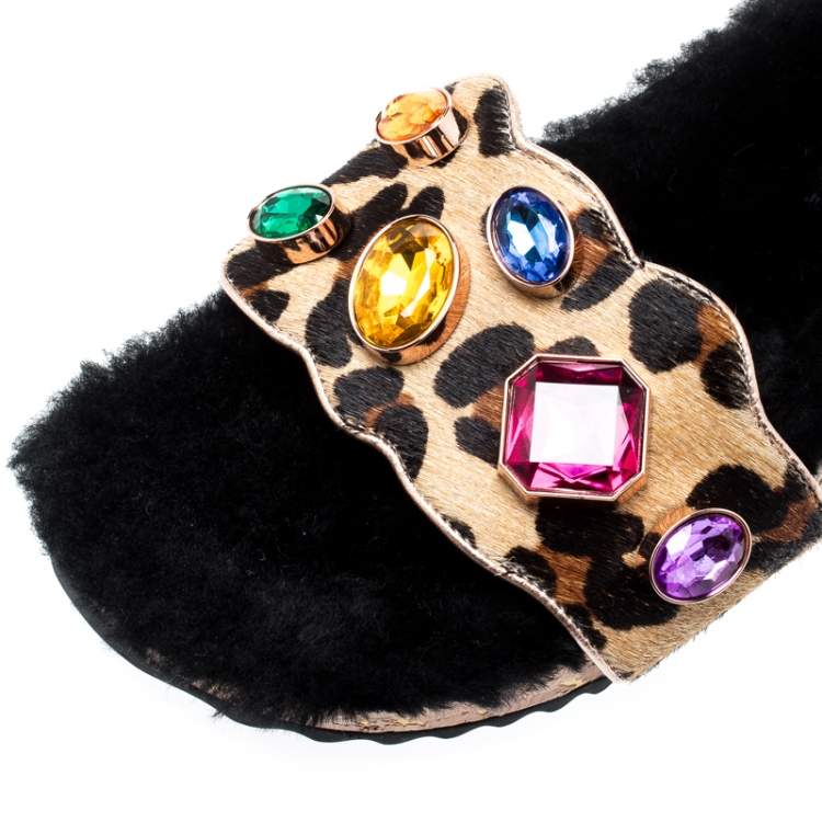 Pre Owned Sophia Webster Beige Leopard Print Calf Hair Crystal Embellished Slides Size 40.5