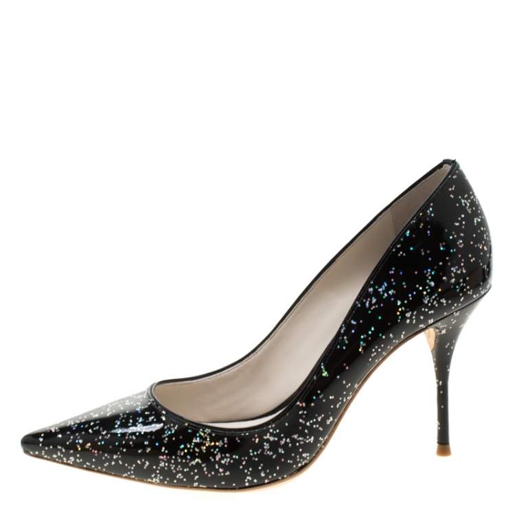 Pre Owned Sophia Webster Black Glitter Patent Leather Pointed Toe Pumps Size 38