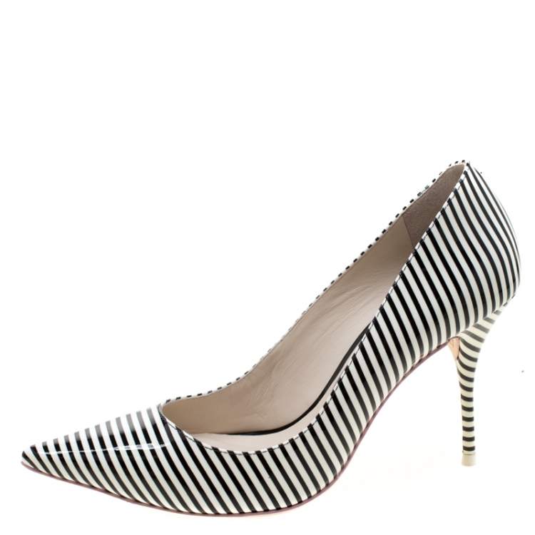 Pre Owned Sophia Webster Monochrome Striped Patent Leather Pointed Toe Pumps Size 38