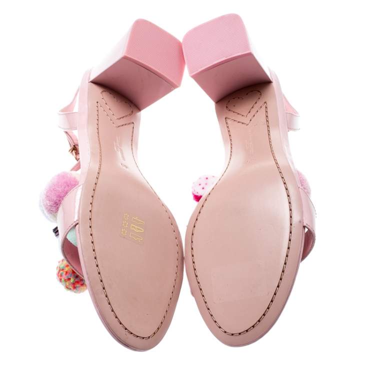 Pre Owned Sophia Webster Light Pink Patent Leather Jada T Strap Pom Pom Sandals Size 41