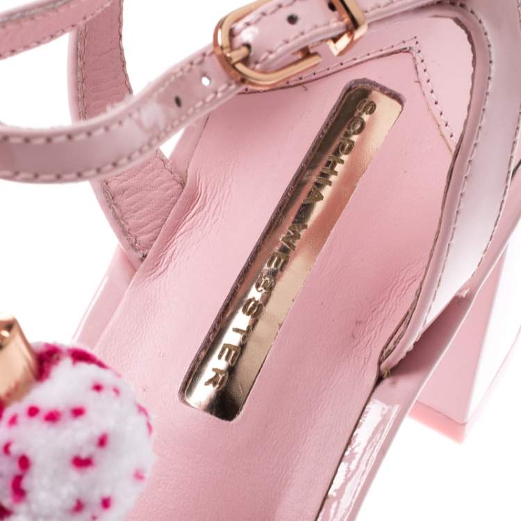 Pre Owned Sophia Webster Light Pink Patent Leather Jada T Strap Pom Pom Sandals Size 41