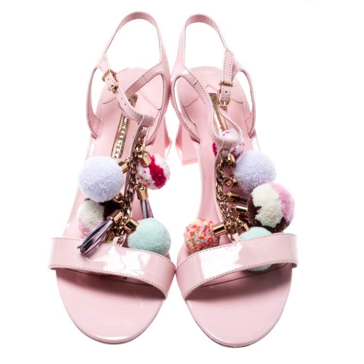 Pre Owned Sophia Webster Light Pink Patent Leather Jada T Strap Pom Pom Sandals Size 41