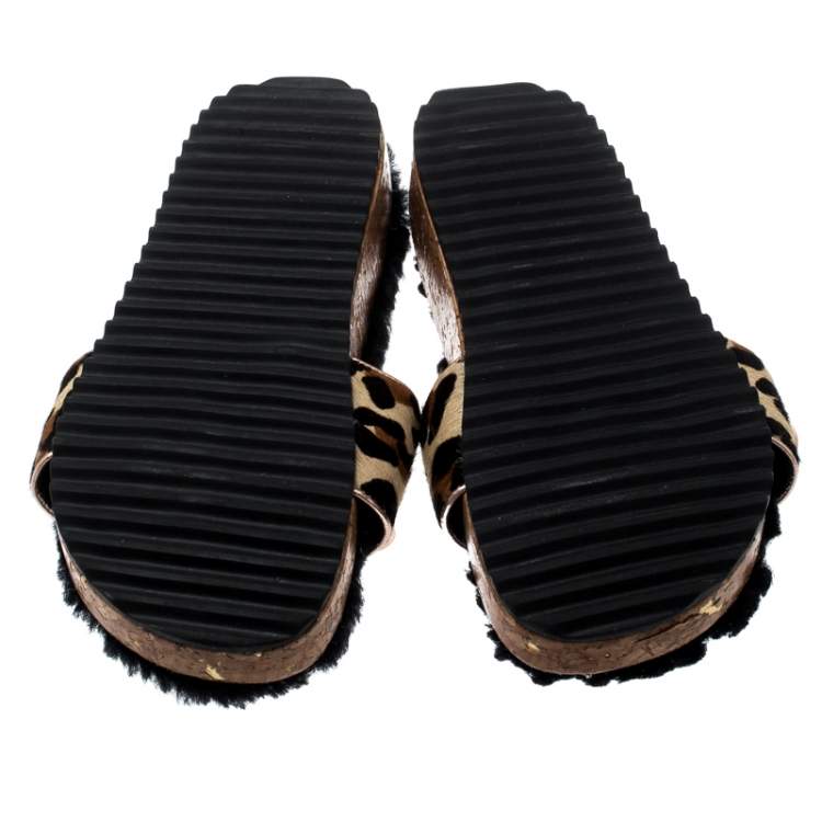Pre Owned  Sophia Webster Beige Leopard Print Calf Hair Crystal Embellished Slides Size 39.5