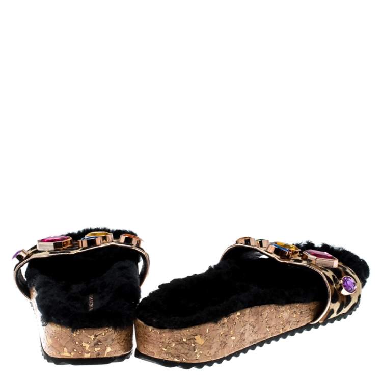Pre Owned  Sophia Webster Beige Leopard Print Calf Hair Crystal Embellished Slides Size 39.5