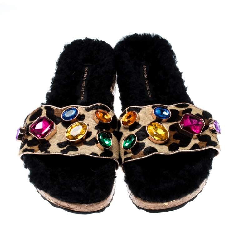 Pre Owned  Sophia Webster Beige Leopard Print Calf Hair Crystal Embellished Slides Size 39.5