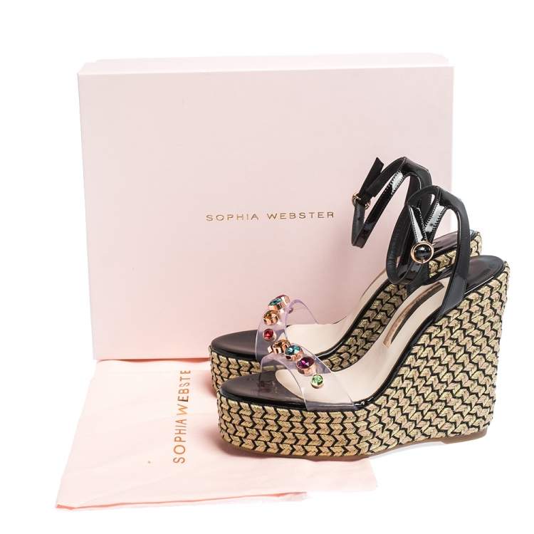 Pre Owned Sophia Webster Black Patent Leather and PVC Dina Crystal Studded Wedge Espadrille Platform Ankle Strap Sandals Size 39