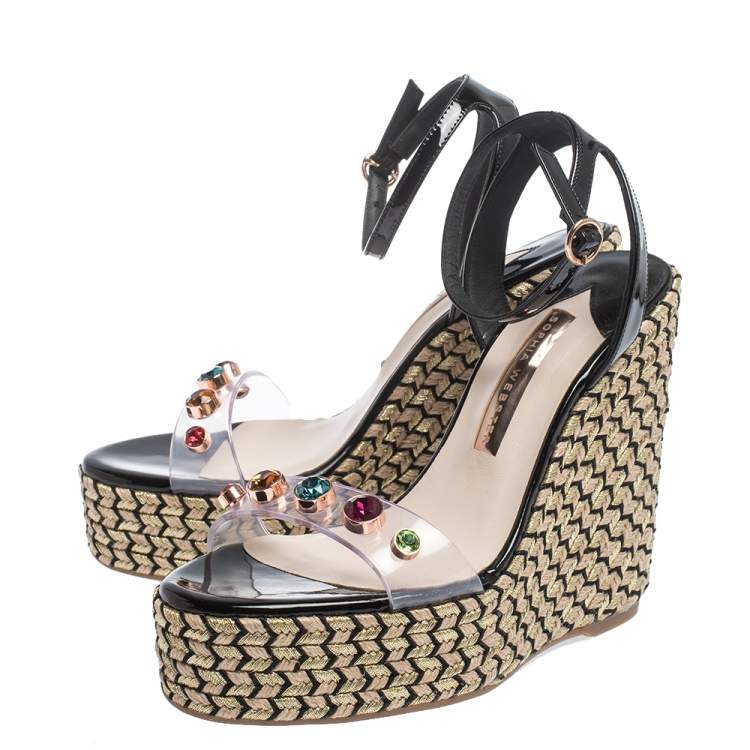 Pre Owned Sophia Webster Black Patent Leather and PVC Dina Crystal Studded Wedge Espadrille Platform Ankle Strap Sandals Size 39