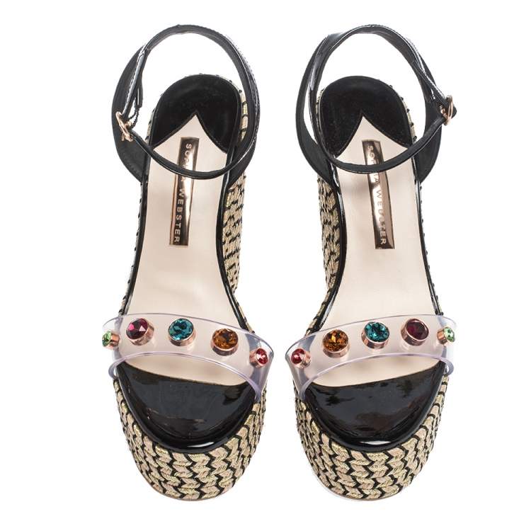 Pre Owned Sophia Webster Black Patent Leather and PVC Dina Crystal Studded Wedge Espadrille Platform Ankle Strap Sandals Size 39