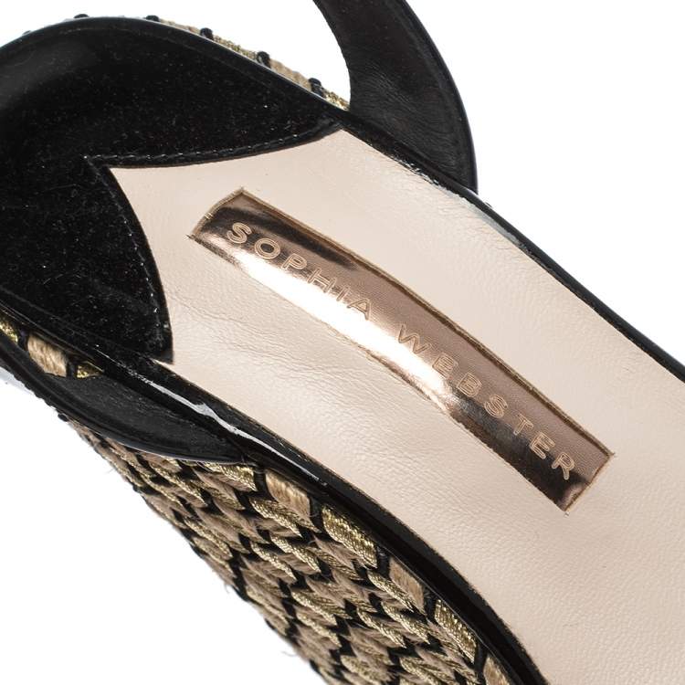 Pre Owned Sophia Webster Black Patent Leather and PVC Dina Crystal Studded Wedge Espadrille Platform Ankle Strap Sandals Size 39