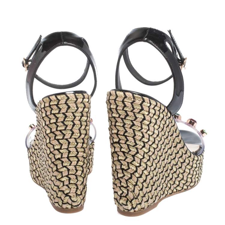 Pre Owned Sophia Webster Black Patent Leather and PVC Dina Crystal Studded Wedge Espadrille Platform Ankle Strap Sandals Size 39