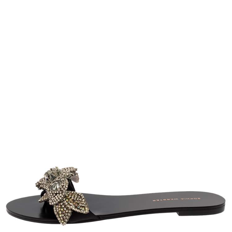 Pre Owned Sophia Webster Black Satin Lilico Crystal Embellished Slide Flats Size 40.5