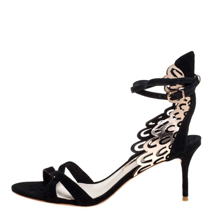 مملوكة مسبقًا Sophia Webster Black Suede and Laser Cut Rose Gold Leather Micah Open Toe Sandals Size 40