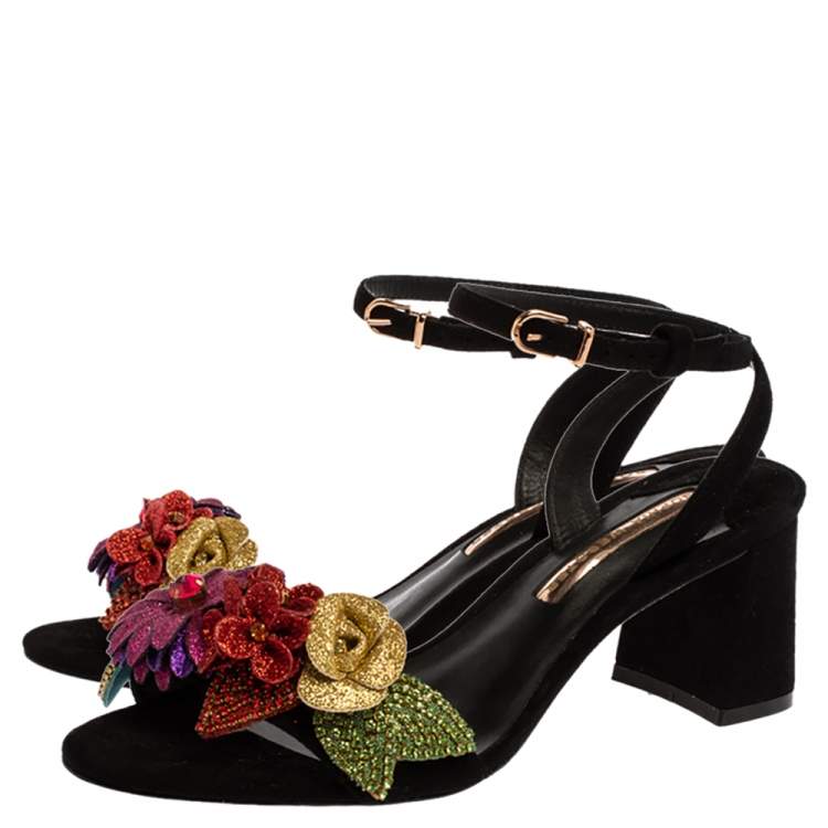 Pre Owned Sophia Webster Black Suede Lilico Crystal And Glitter Embellished Ankle Strap Sandals Size 37