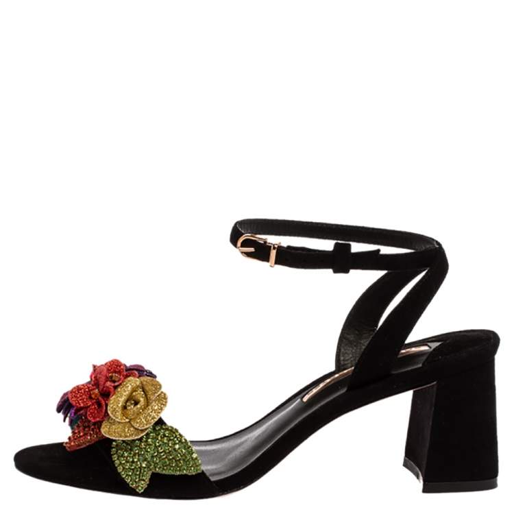 Pre Owned Sophia Webster Black Suede Lilico Crystal And Glitter Embellished Ankle Strap Sandals Size 37