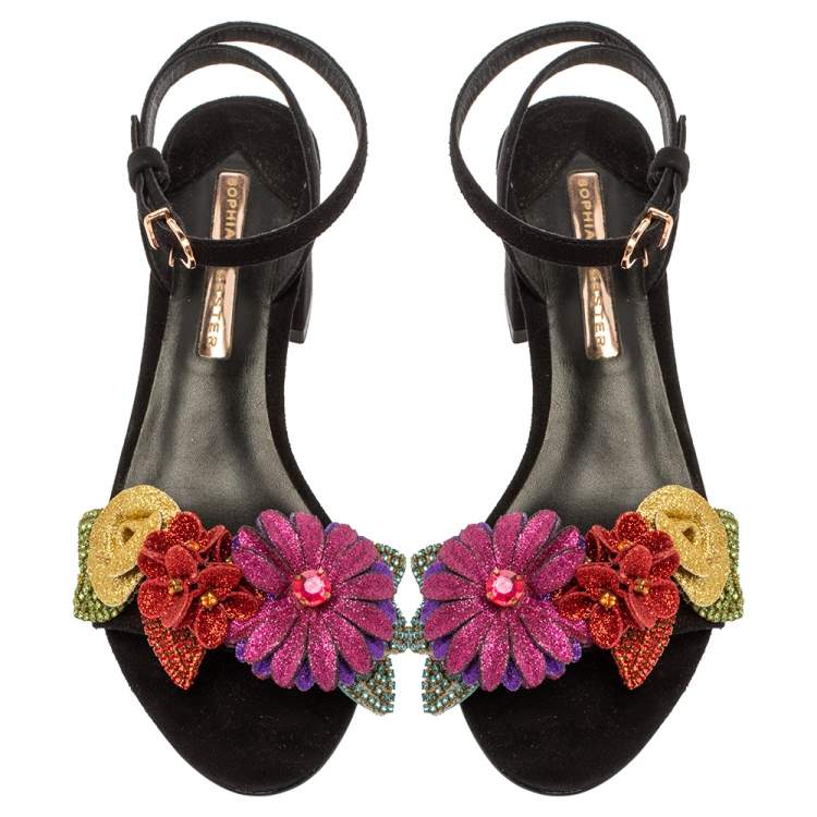 Pre Owned Sophia Webster Black Suede Lilico Crystal And Glitter Embellished Ankle Strap Sandals Size 37