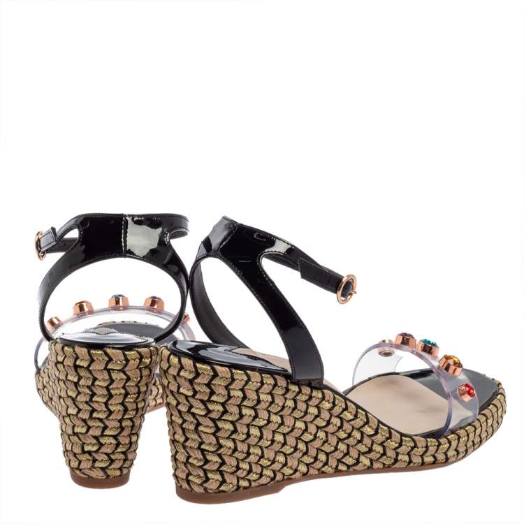 Pre Owned Sophia Webster Black Patent Leather And Dina Gem Embellished PVC Espadrille Wedges Size 42
