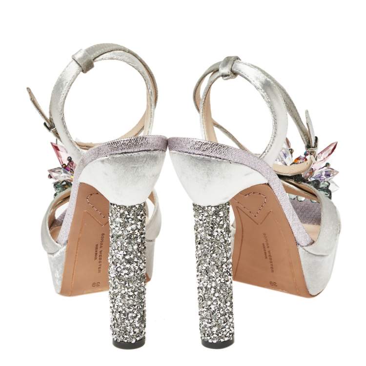 Pre Owned Sophia Webster Grey Velvet Glacia Embellished Platform Ankle Strap Sandals Size 39